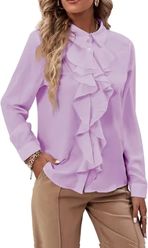 LYANER Women's Collar Neck Button Down Ruffle Front Long Sleeve Blouse Shirt Top