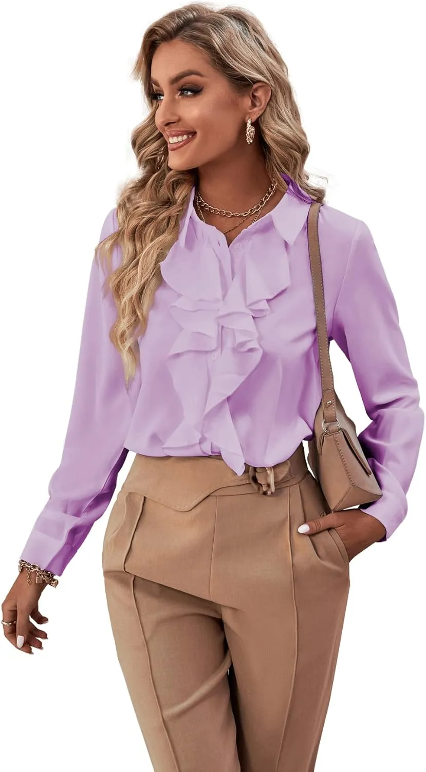 LYANER Women's Collar Neck Button Down Ruffle Front Long Sleeve Blouse Shirt Top