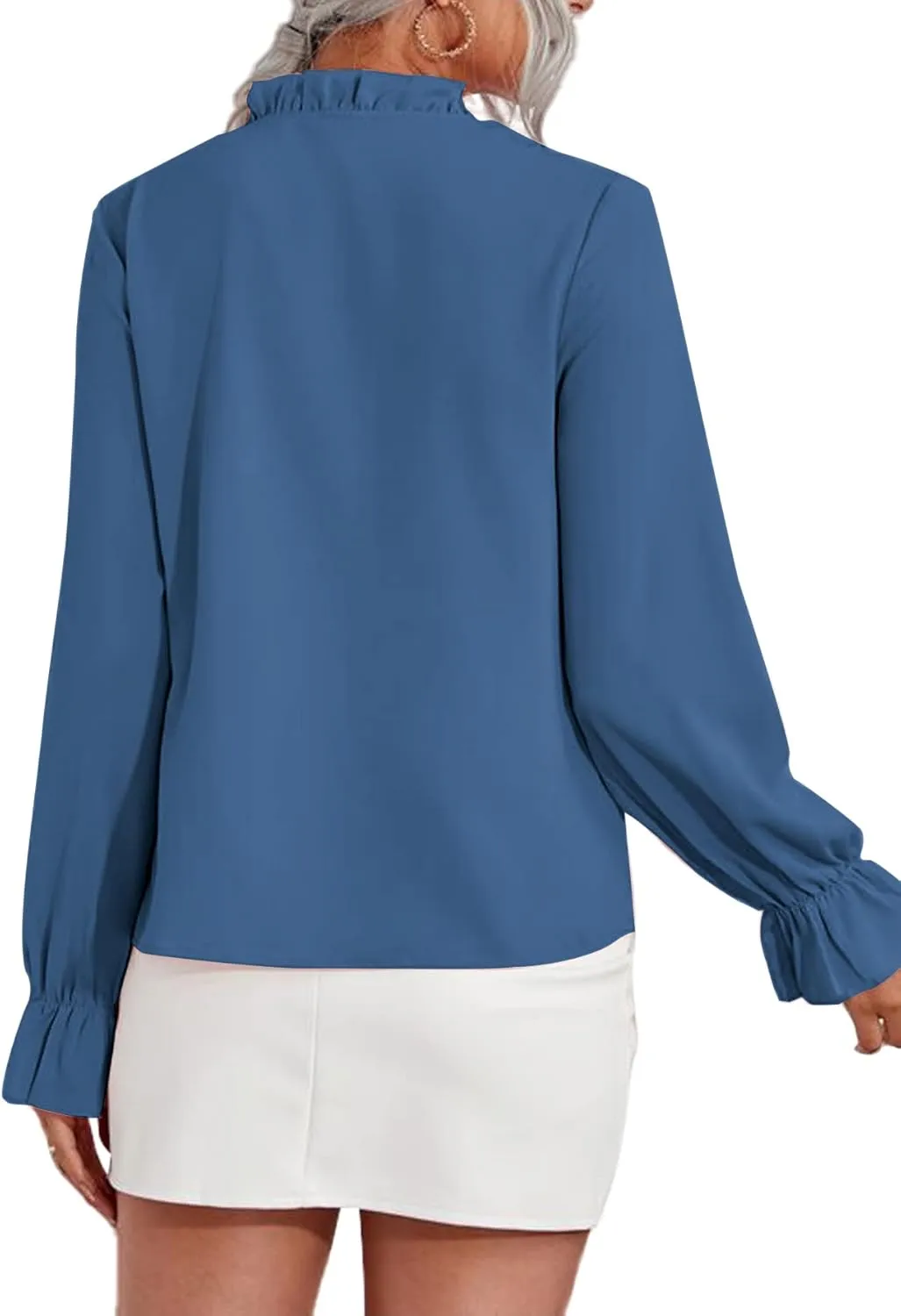 LYANER Women's Ruffle V Neck Solid Long Sleeve Chiffon Blouse Shirt Top