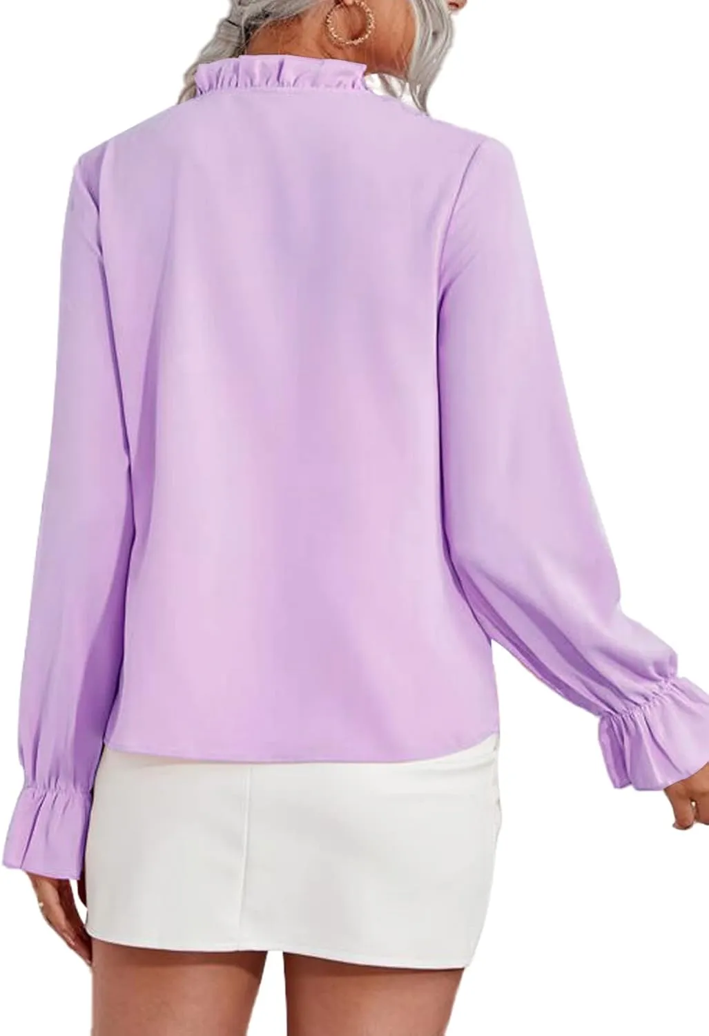 LYANER Women's Ruffle V Neck Solid Long Sleeve Chiffon Blouse Shirt Top