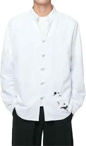 Men's Autumn Chinese Style Tang Suit Ancient Style Embroidery Cotton Linen Stand Collar Long Sleeve Shirt