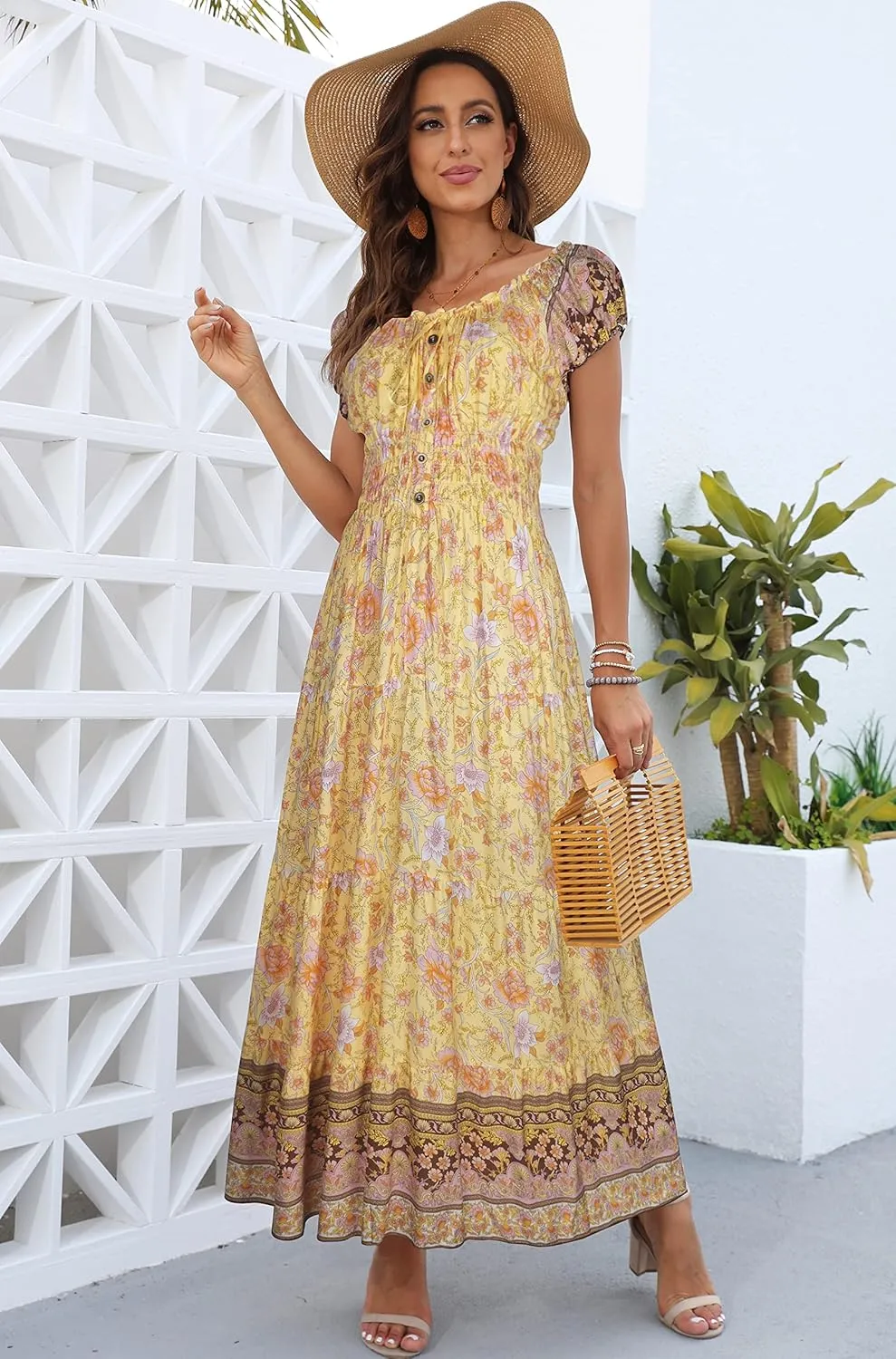 OSTOO Women's 2025 Summer Short Sleeves Boho Floral Print Tiered Casual Flowy Long Maxi Dress