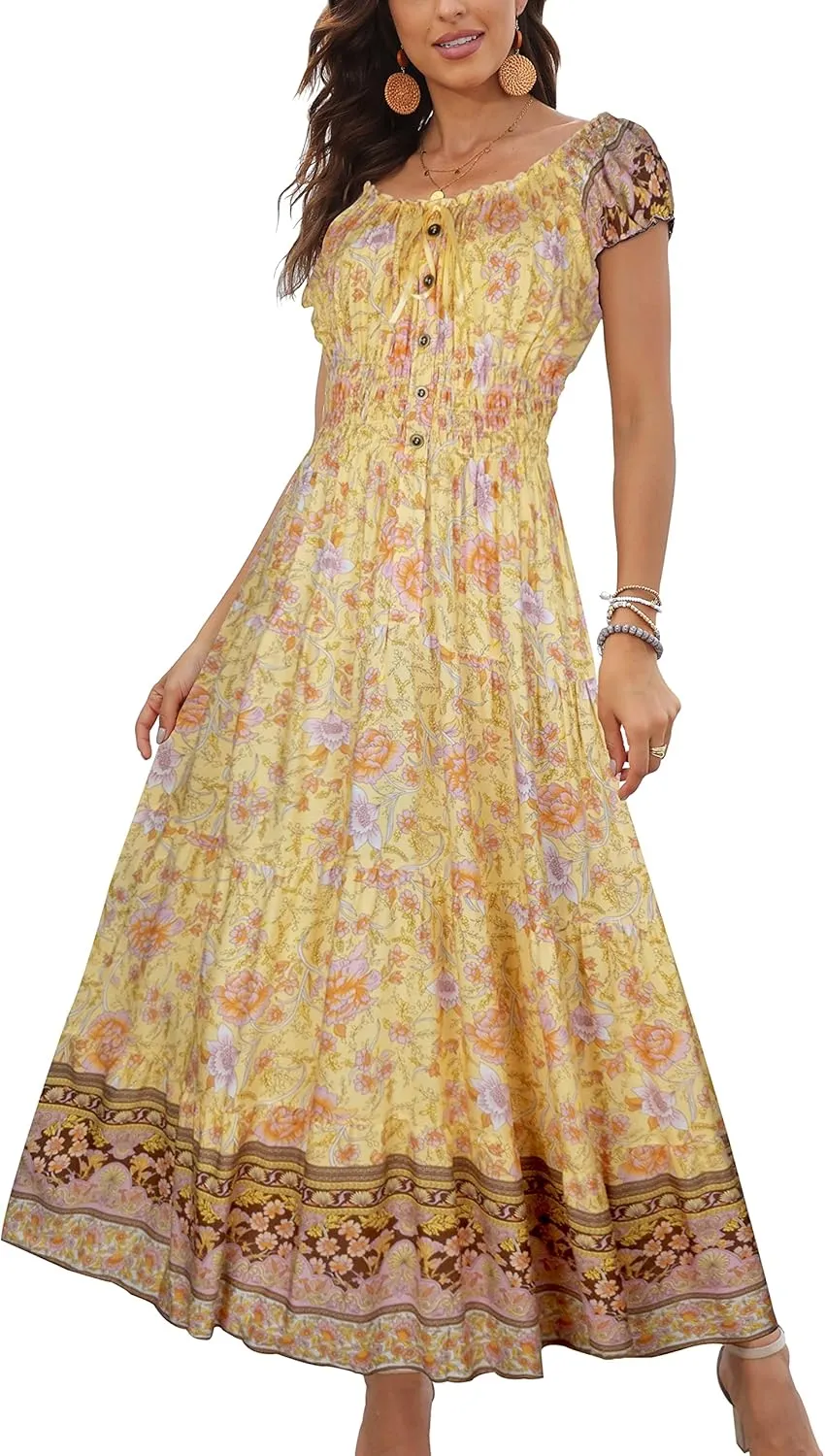 OSTOO Women's 2025 Summer Short Sleeves Boho Floral Print Tiered Casual Flowy Long Maxi Dress