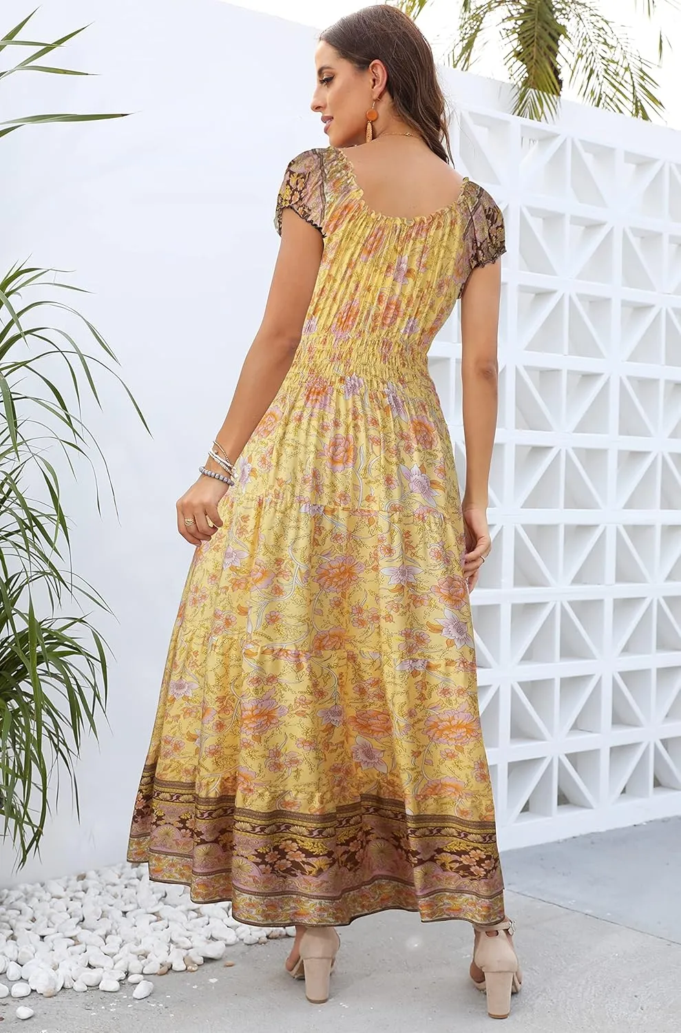 OSTOO Women's 2025 Summer Short Sleeves Boho Floral Print Tiered Casual Flowy Long Maxi Dress