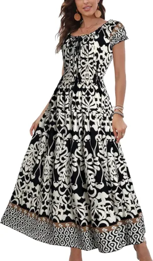 OSTOO Women's 2025 Summer Short Sleeves Boho Floral Print Tiered Casual Flowy Long Maxi Dress