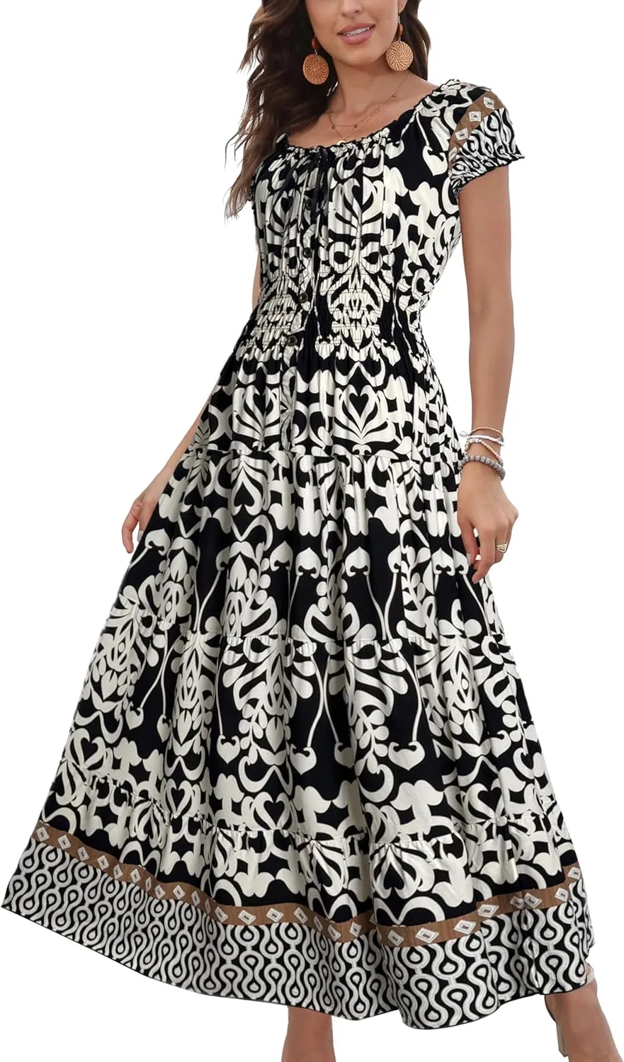 OSTOO Women's 2025 Summer Short Sleeves Boho Floral Print Tiered Casual Flowy Long Maxi Dress