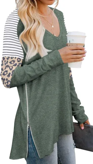 PrinStory Women's Long Sleeve Shirt Fall Tops Casual V Neck Side Split Shirt With Side Zipper