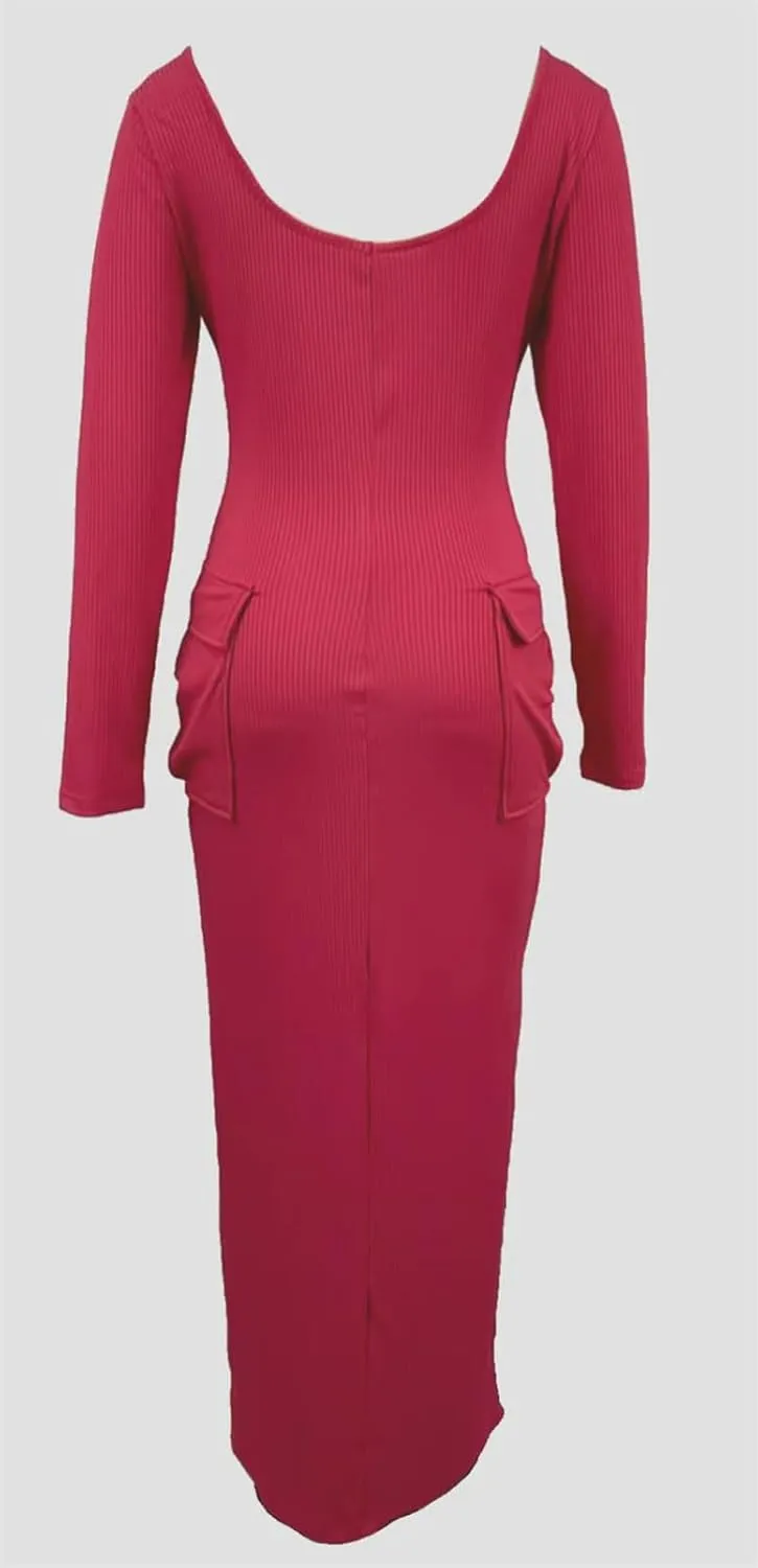 Recious Womens Sexy Long Sleeve O Neck Knitted Ribbed Pockets Bodycon Party Clubwear Dress