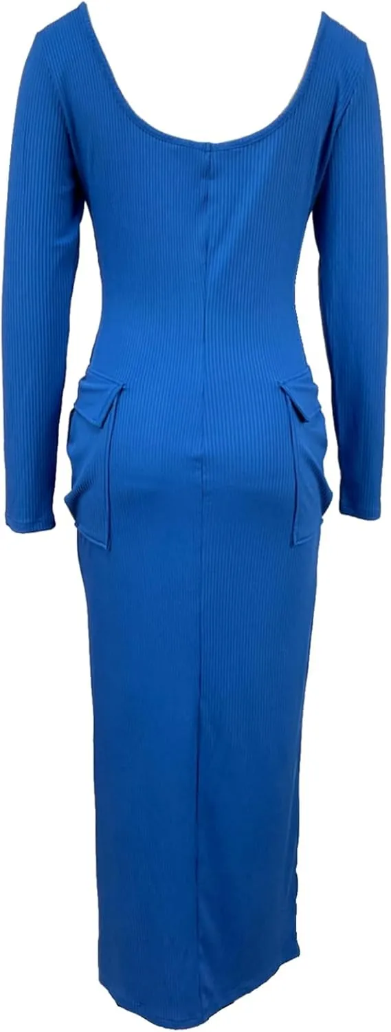 Recious Womens Sexy Long Sleeve O Neck Knitted Ribbed Pockets Bodycon Party Clubwear Dress