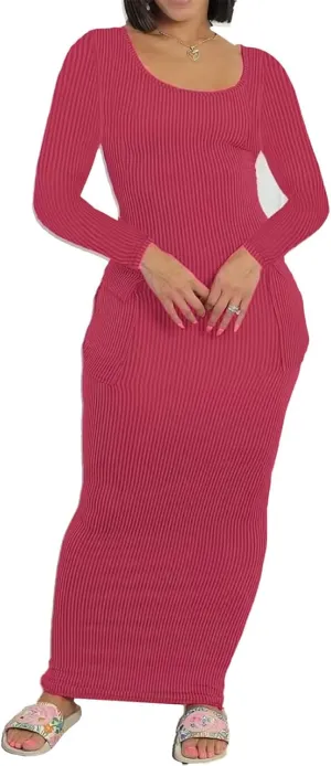 Recious Womens Sexy Long Sleeve O Neck Knitted Ribbed Pockets Bodycon Party Clubwear Dress