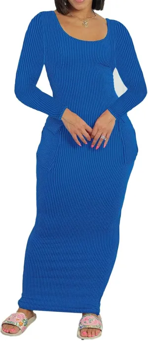 Recious Womens Sexy Long Sleeve O Neck Knitted Ribbed Pockets Bodycon Party Clubwear Dress