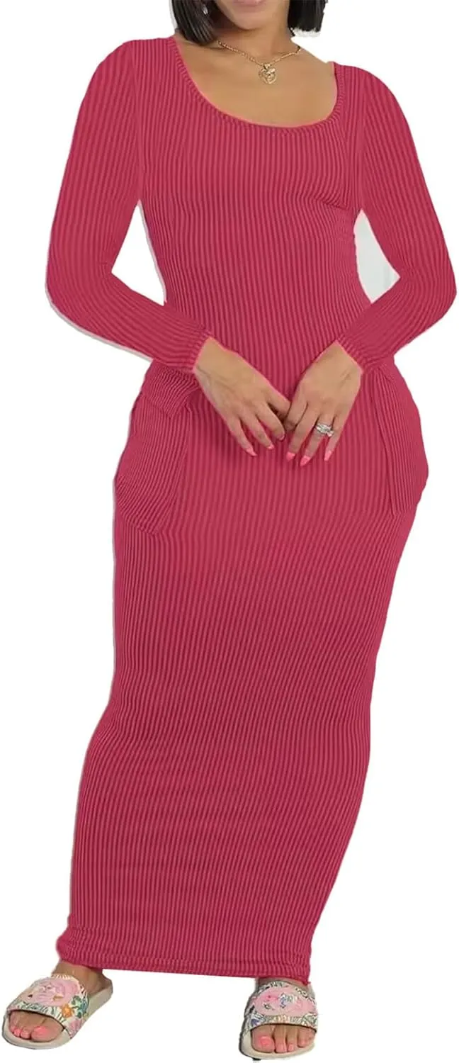 Recious Womens Sexy Long Sleeve O Neck Knitted Ribbed Pockets Bodycon Party Clubwear Dress