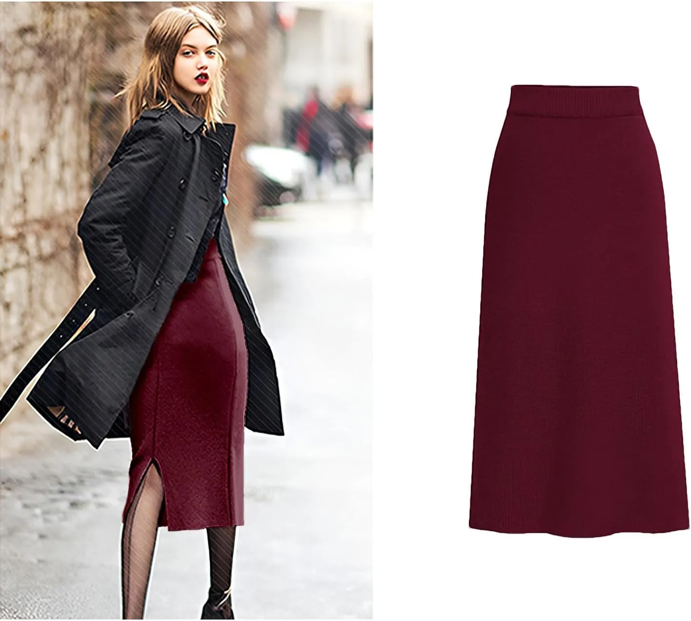 rismart Women Knitting Pencil Skirt Casual Below The Knee Stretch High Waist Elastic Skirts