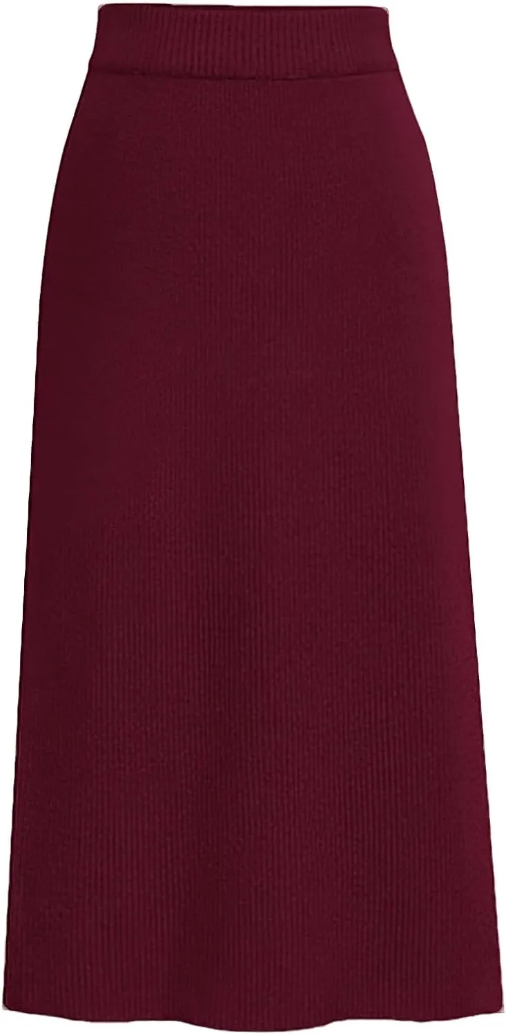 rismart Women Knitting Pencil Skirt Casual Below The Knee Stretch High Waist Elastic Skirts