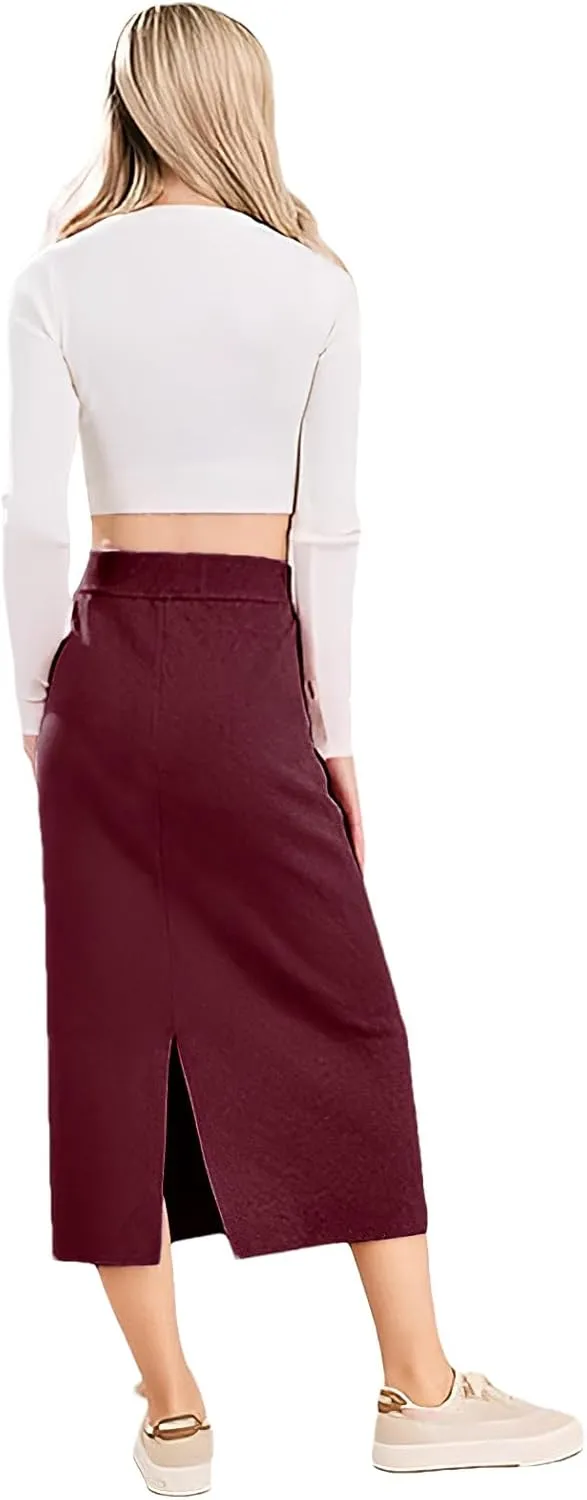 rismart Women Knitting Pencil Skirt Casual Below The Knee Stretch High Waist Elastic Skirts