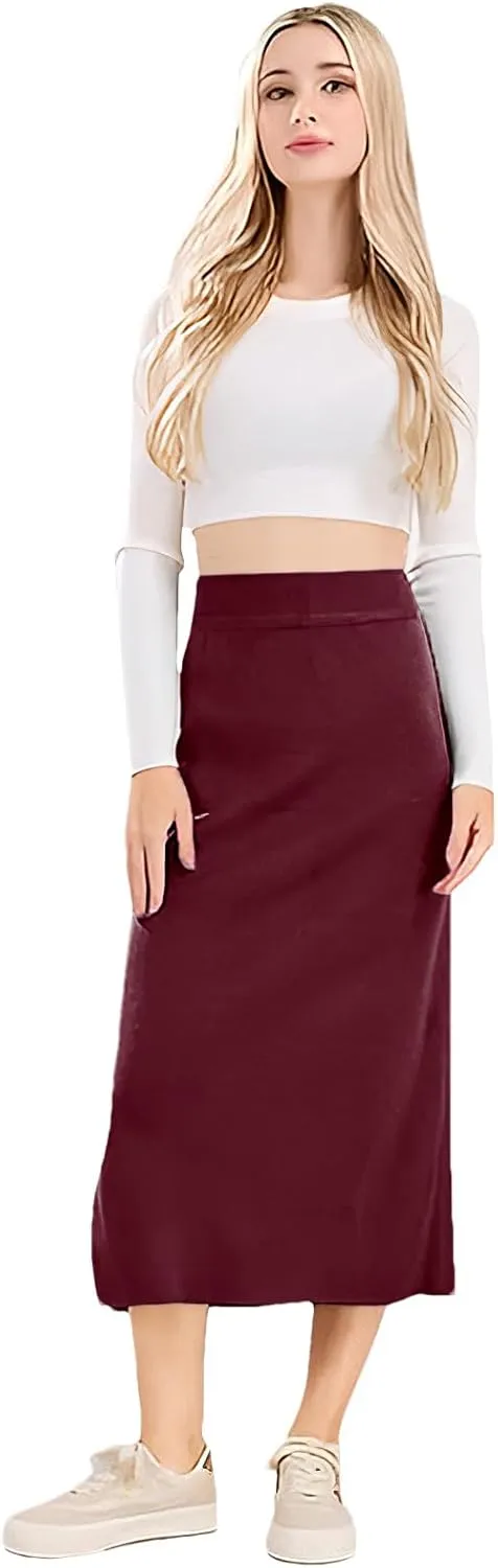 rismart Women Knitting Pencil Skirt Casual Below The Knee Stretch High Waist Elastic Skirts