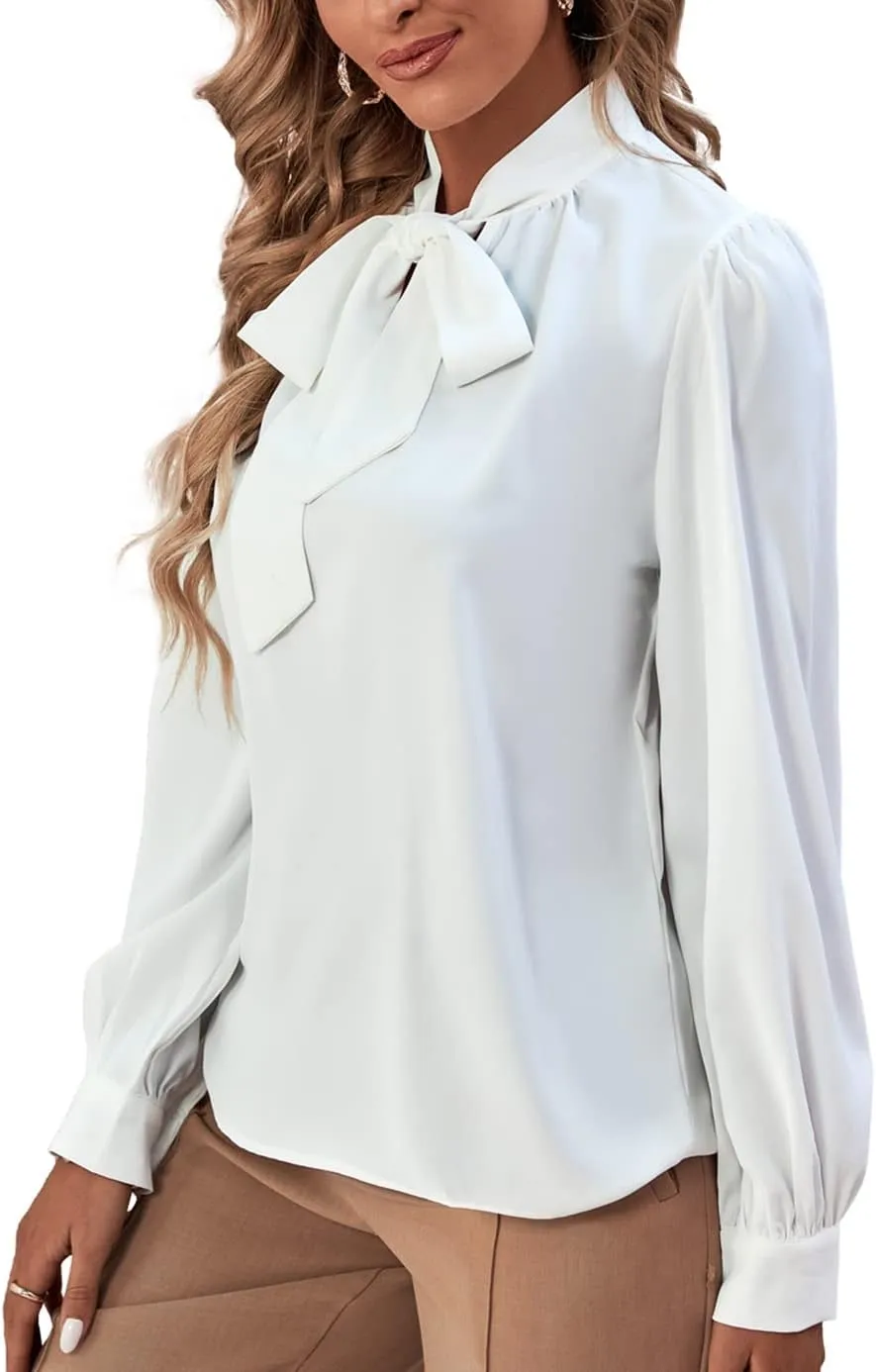 Rooscier Women's Bow Tie Neck Long Sleeve Buttton Cuff Chiffon Elegant Blouse