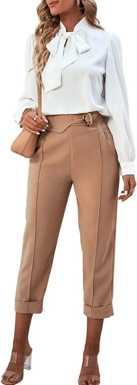 Rooscier Women's Bow Tie Neck Long Sleeve Buttton Cuff Chiffon Elegant Blouse