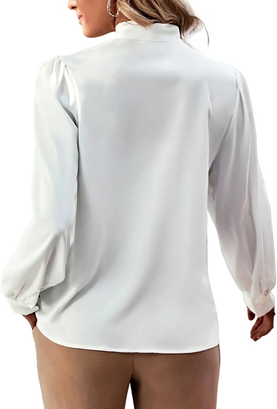 Rooscier Women's Bow Tie Neck Long Sleeve Buttton Cuff Chiffon Elegant Blouse