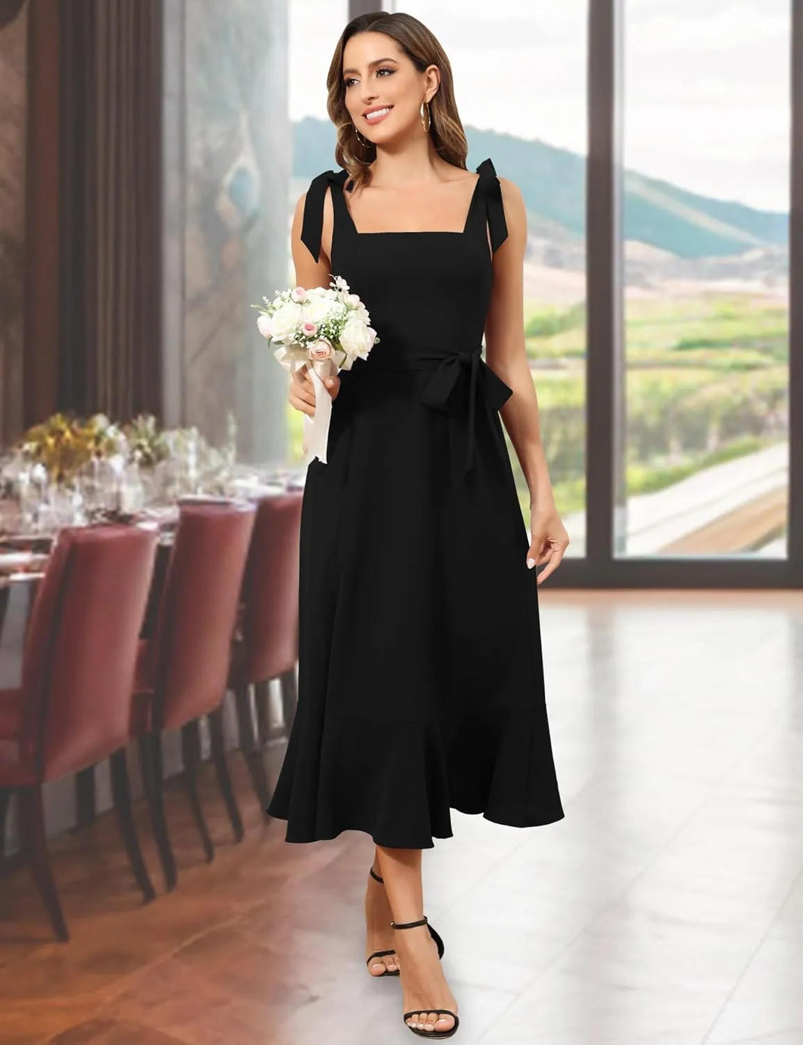 ROYAL MATRIX Women's Midi Dresses for Wedding Guest Semi Formal Dress for Cocktail Party Square Neck Split Bridesmaid Dress