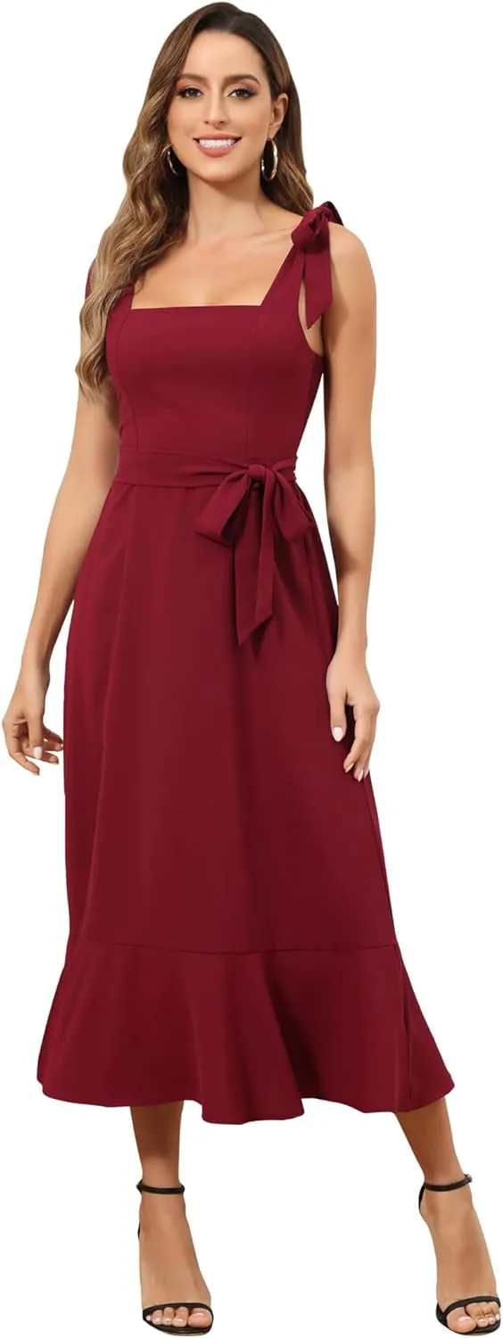 ROYAL MATRIX Women's Midi Dresses for Wedding Guest Semi Formal Dress for Cocktail Party Square Neck Split Bridesmaid Dress