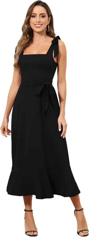 ROYAL MATRIX Women's Midi Dresses for Wedding Guest Semi Formal Dress for Cocktail Party Square Neck Split Bridesmaid Dress