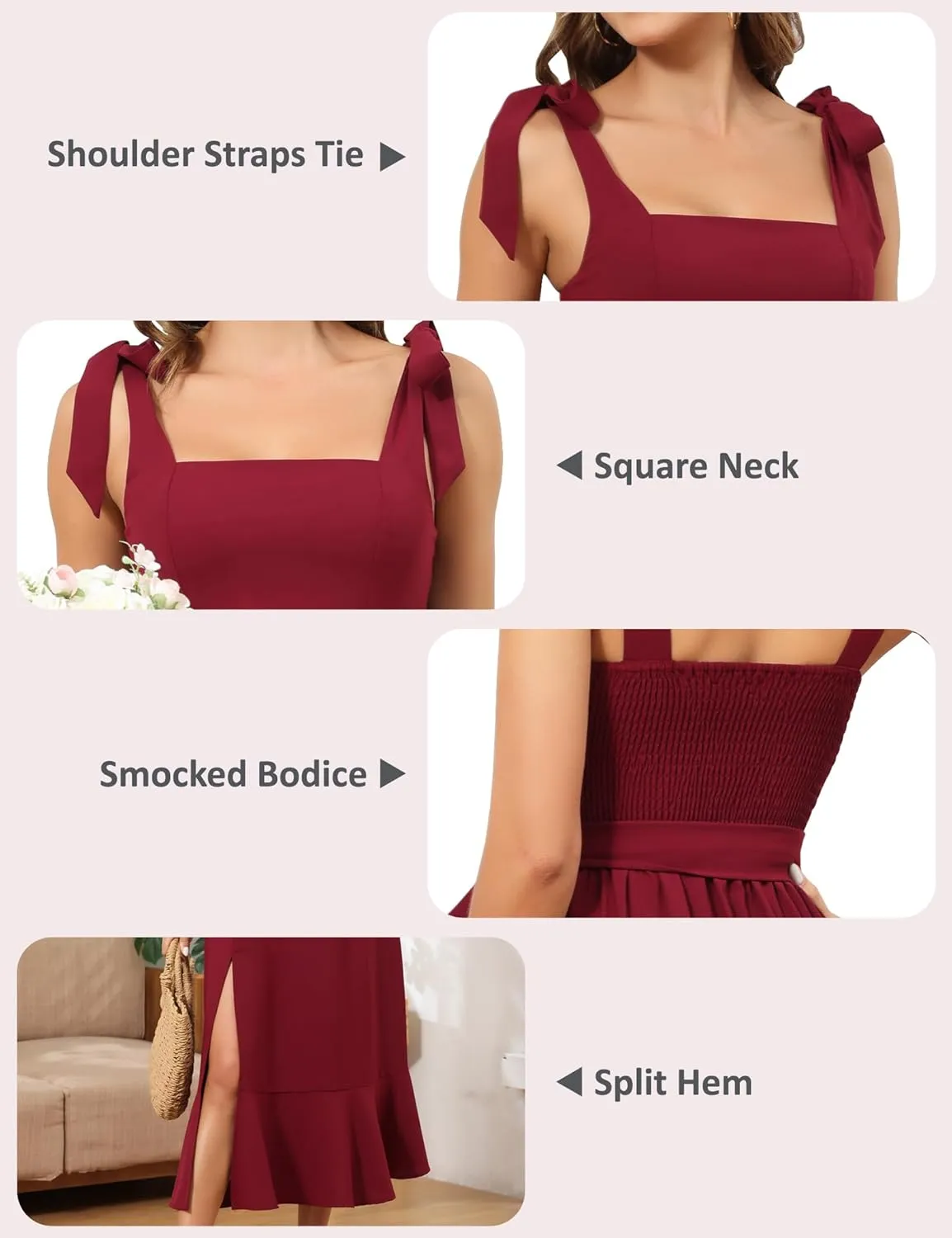 ROYAL MATRIX Women's Midi Dresses for Wedding Guest Semi Formal Dress for Cocktail Party Square Neck Split Bridesmaid Dress