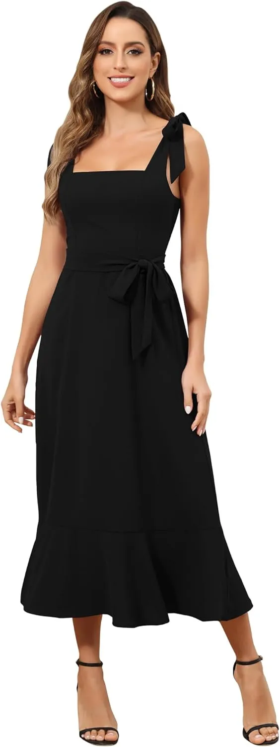 ROYAL MATRIX Women's Midi Dresses for Wedding Guest Semi Formal Dress for Cocktail Party Square Neck Split Bridesmaid Dress