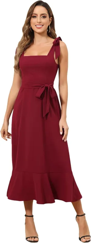 ROYAL MATRIX Women's Midi Dresses for Wedding Guest Semi Formal Dress for Cocktail Party Square Neck Split Bridesmaid Dress