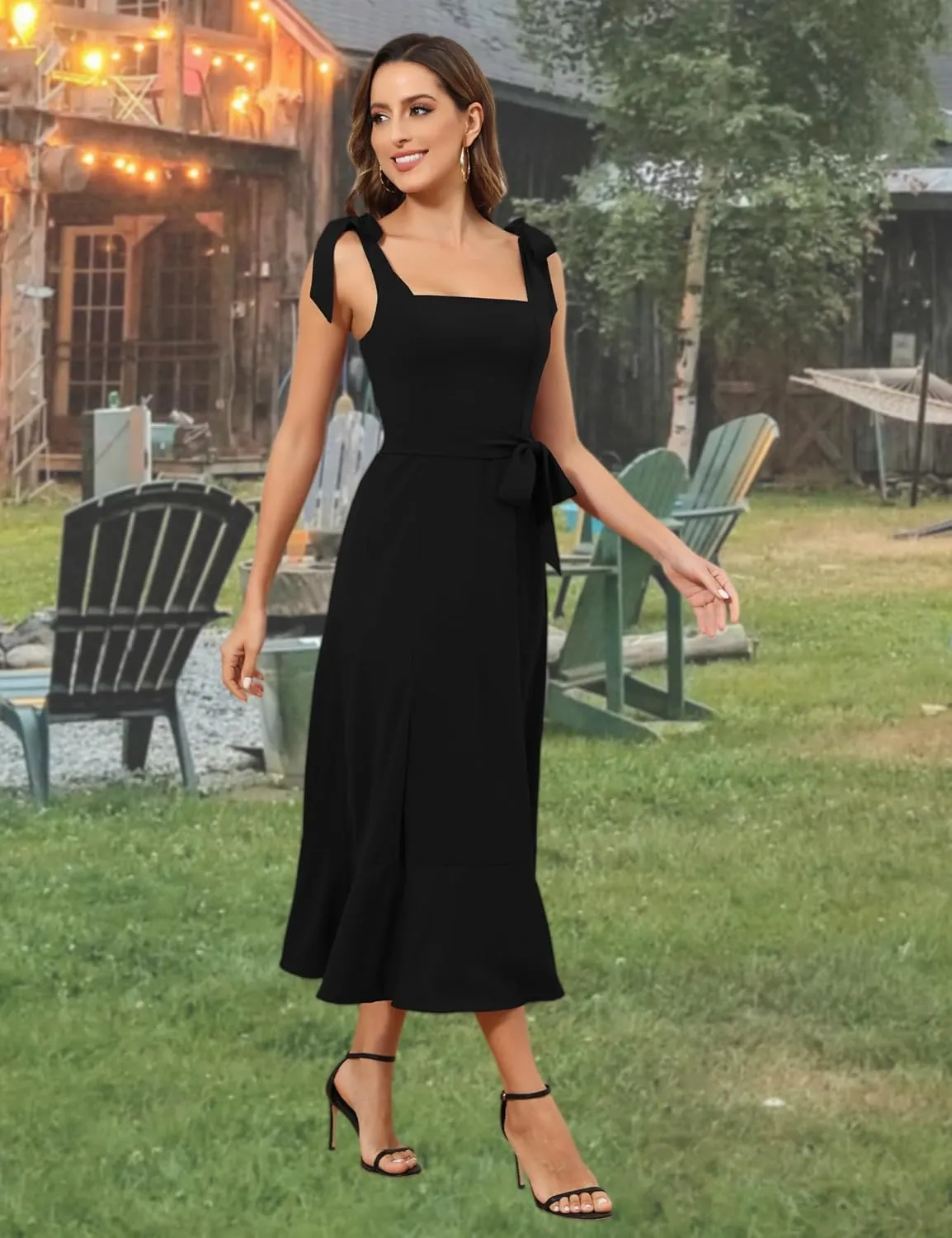 ROYAL MATRIX Women's Midi Dresses for Wedding Guest Semi Formal Dress for Cocktail Party Square Neck Split Bridesmaid Dress