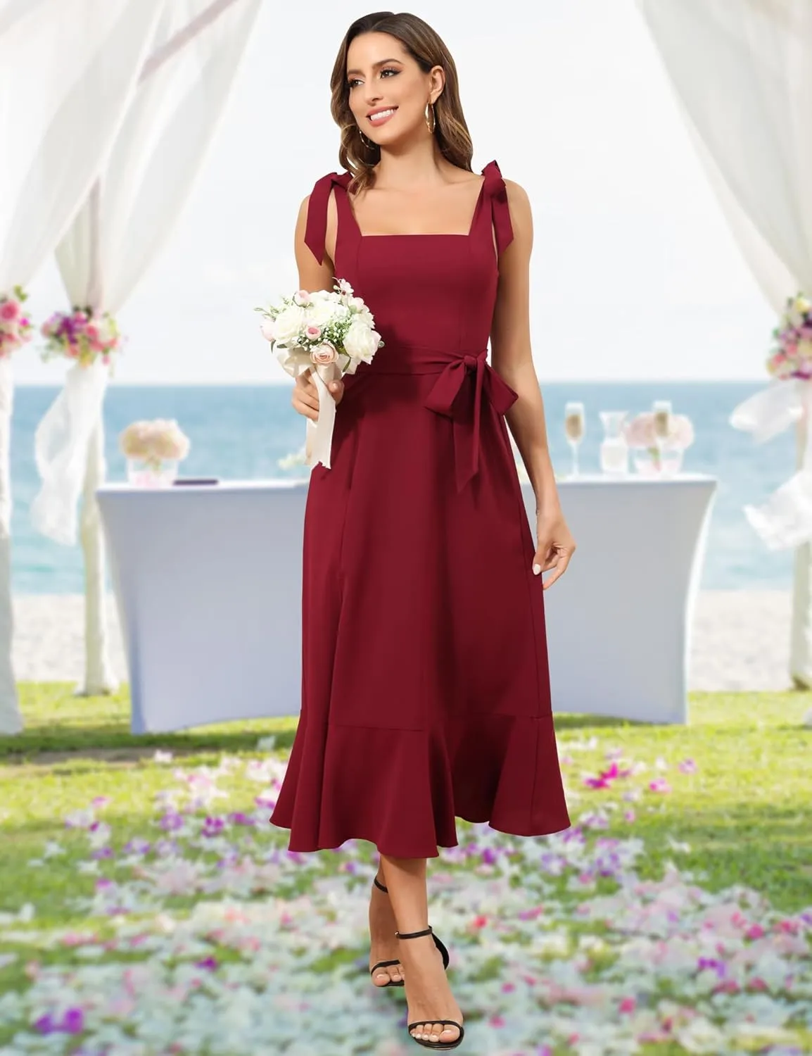 ROYAL MATRIX Women's Midi Dresses for Wedding Guest Semi Formal Dress for Cocktail Party Square Neck Split Bridesmaid Dress