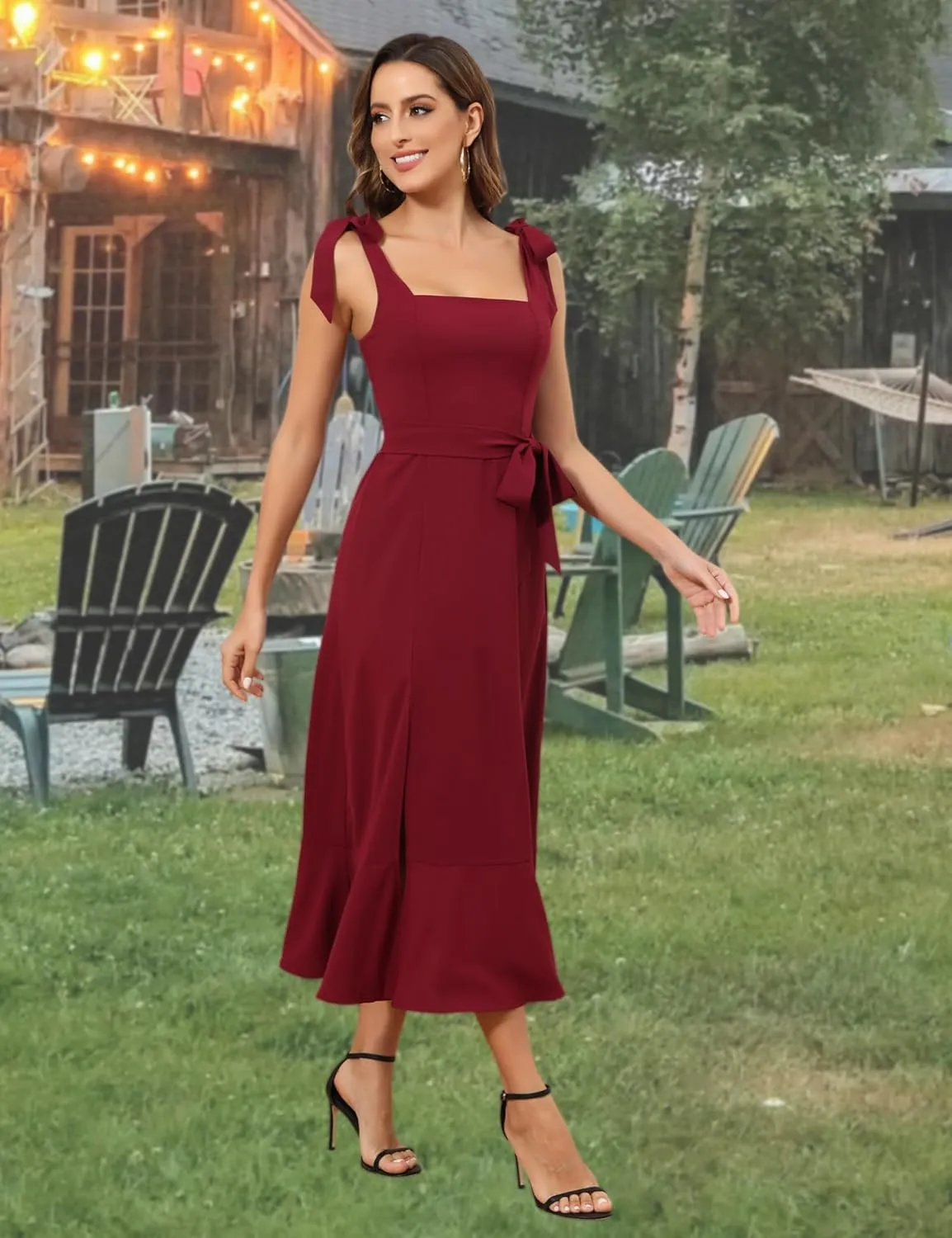 ROYAL MATRIX Women's Midi Dresses for Wedding Guest Semi Formal Dress for Cocktail Party Square Neck Split Bridesmaid Dress