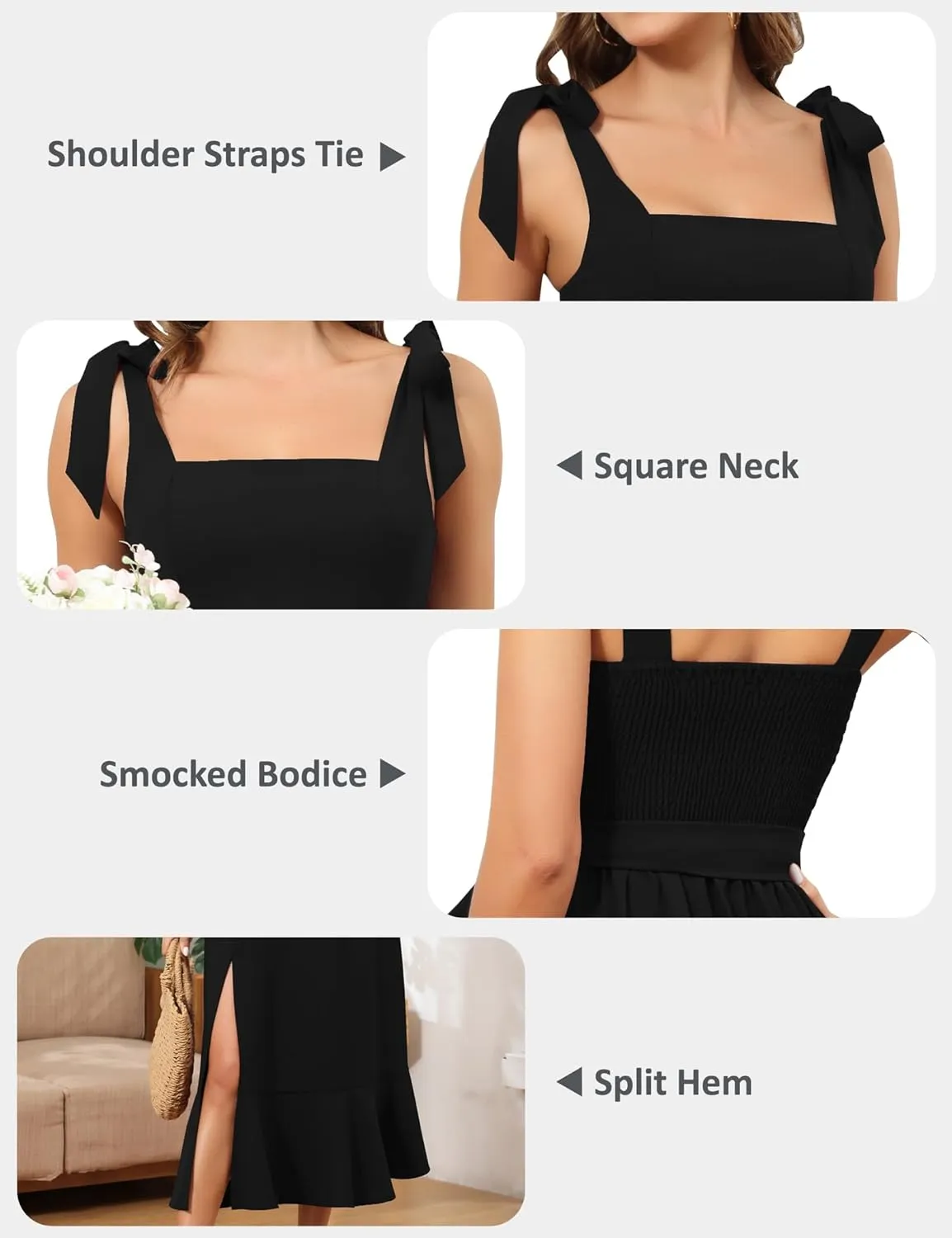ROYAL MATRIX Women's Midi Dresses for Wedding Guest Semi Formal Dress for Cocktail Party Square Neck Split Bridesmaid Dress