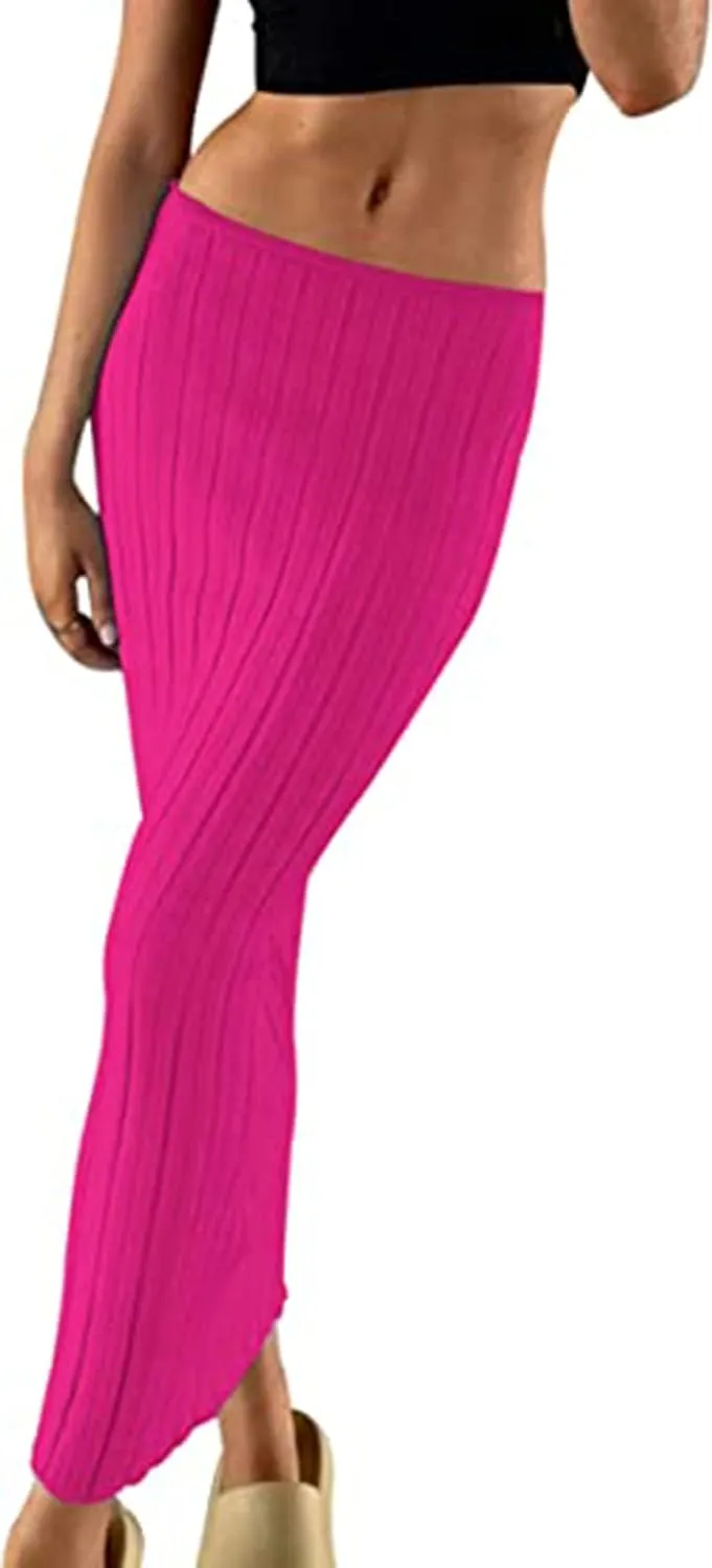 SAFRISIOR Women Solid Knitted Long Maxi Skirt Slim Stretch Midi Skirt Strapless Bodycon Beach Cover Up Sundress Party Dress