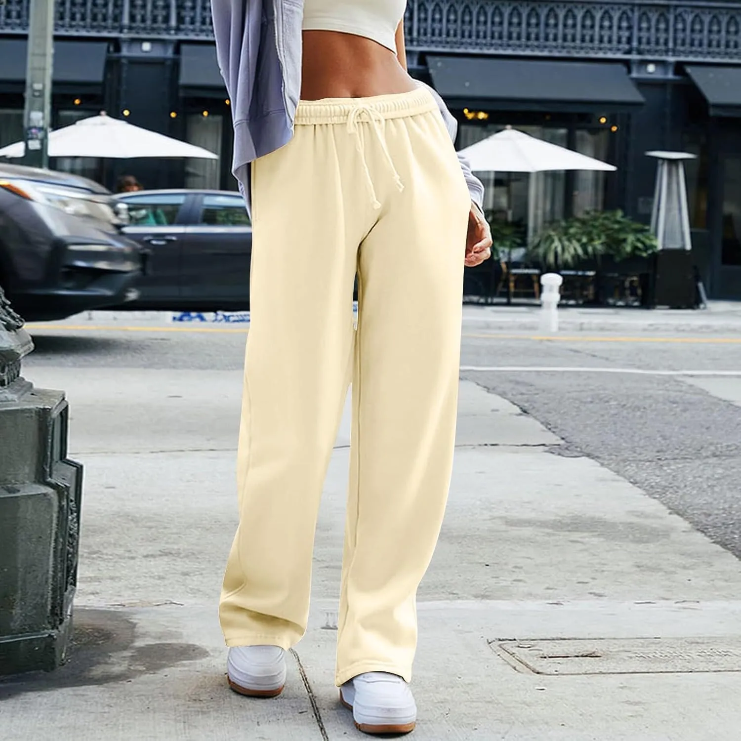 Straight Leg Sweatpants for Women Baggy Interior Drawstring Barrel Sweatpants Pull On Athletic Joggers with Pockets