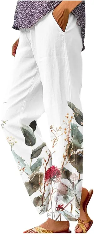 Summer Linen Pants for Women Wide Leg Boho Floral Printed Loose Palazzo Beach Trousers with Drawstring and Pockets