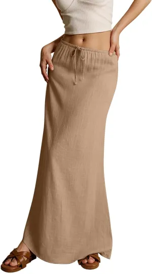 Summer Maxi Skirts for Women Trendy Low Waisted Drawstring Skorts Casual Lightweight Solid Color Simple Long Skirts