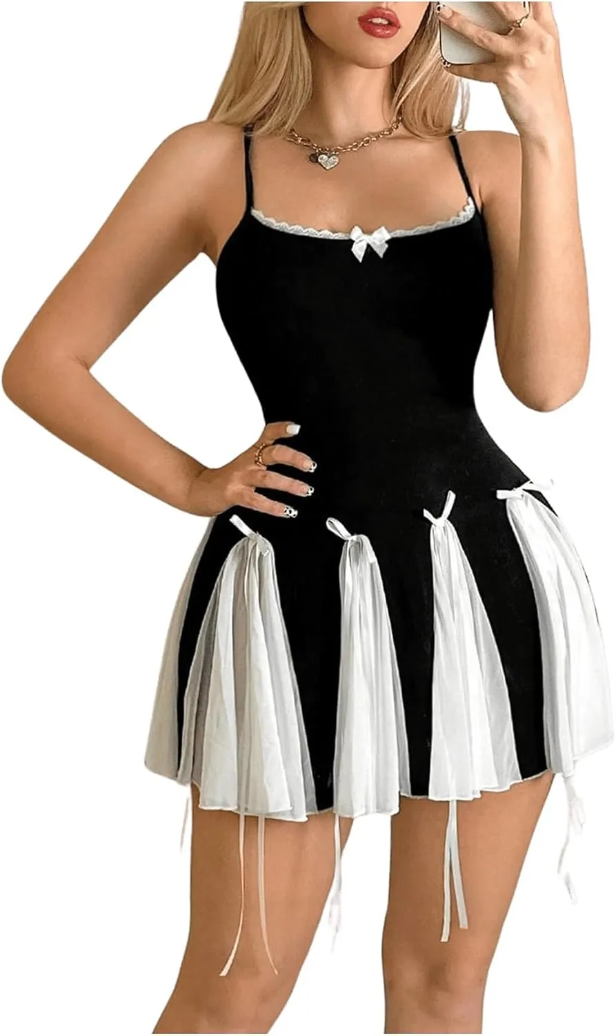 Verdusa Women's Y2K Bow Tie Criss Cross Backless Mini Dress Colorblock Lace Cami Dress