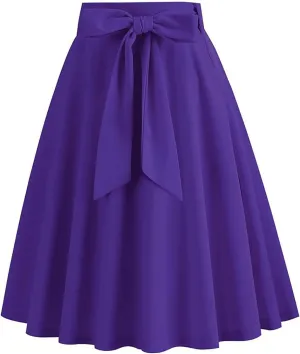 Women's A-Line Swing Vinage Skirts Bow Tie Front High Waist Skater Flared Midi Skirt Evening Gown Prom Skirt