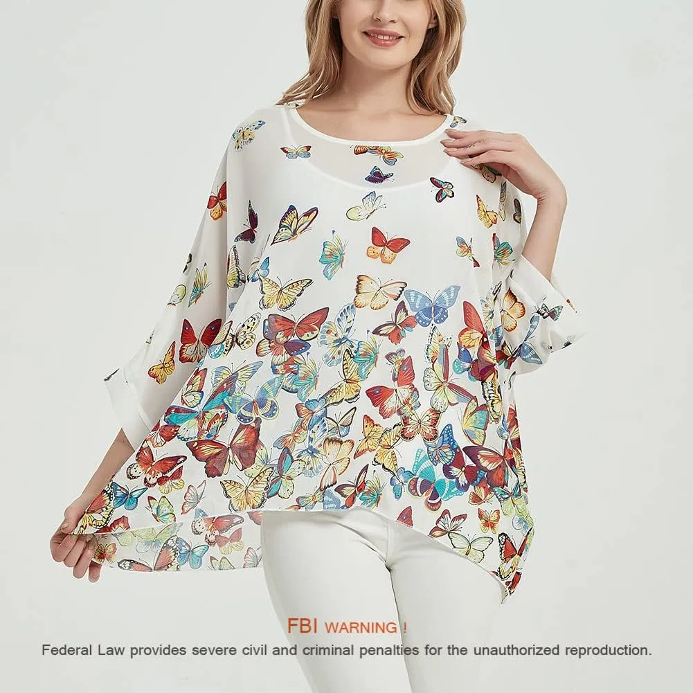 Women's Bohemian Style Summer Beach Lagenlook Top Kimono Loose Waterfall Chiffon Kaftan Poncho Shirt