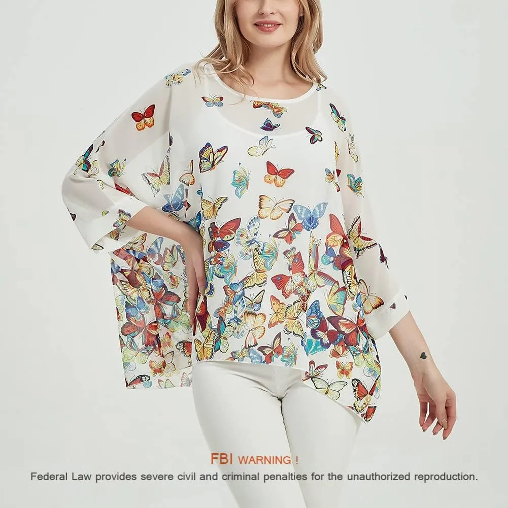 Women's Bohemian Style Summer Beach Lagenlook Top Kimono Loose Waterfall Chiffon Kaftan Poncho Shirt