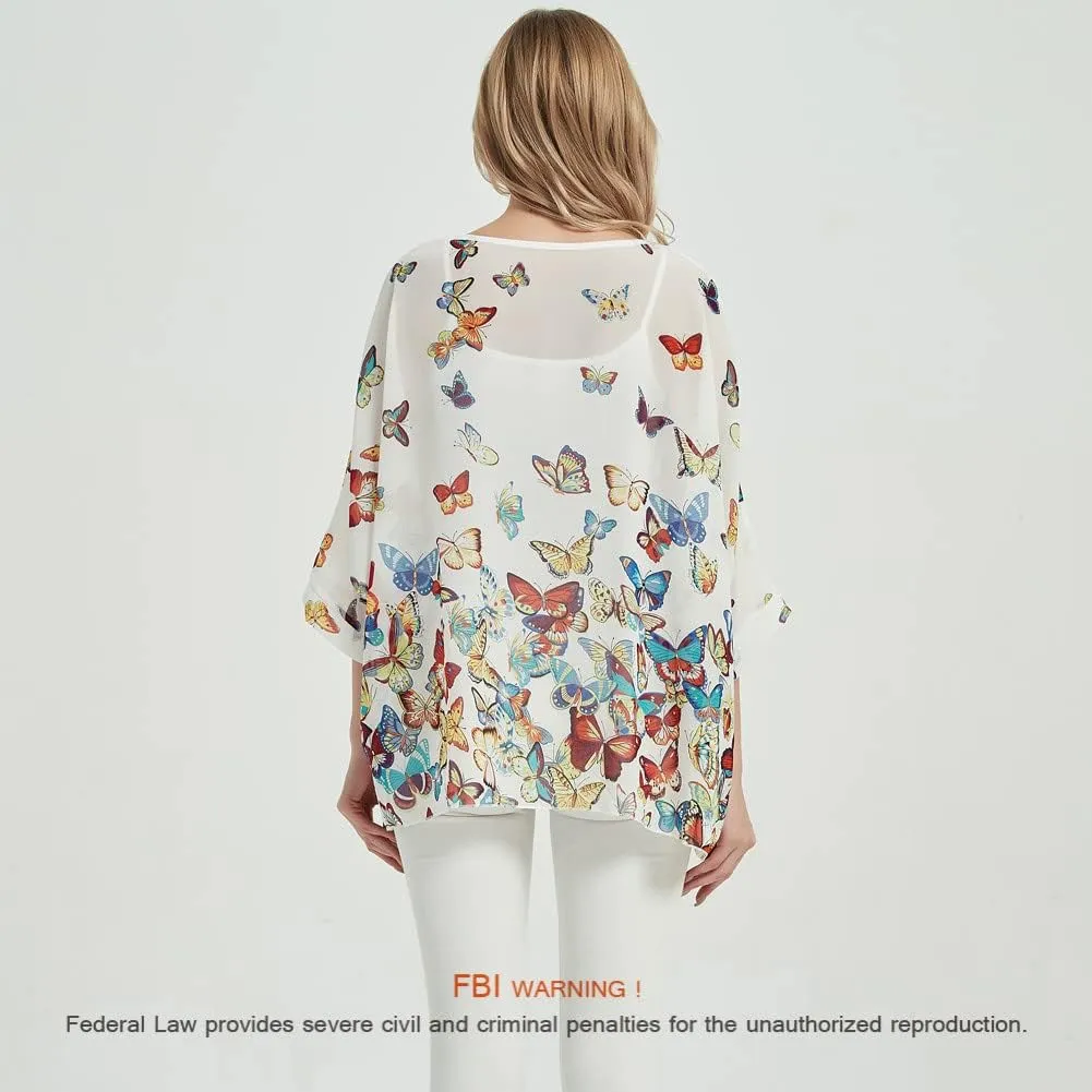 Women's Bohemian Style Summer Beach Lagenlook Top Kimono Loose Waterfall Chiffon Kaftan Poncho Shirt