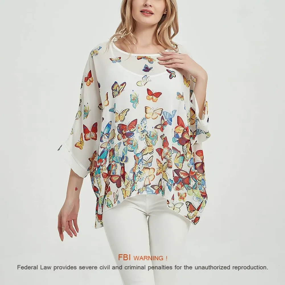 Women's Bohemian Style Summer Beach Lagenlook Top Kimono Loose Waterfall Chiffon Kaftan Poncho Shirt
