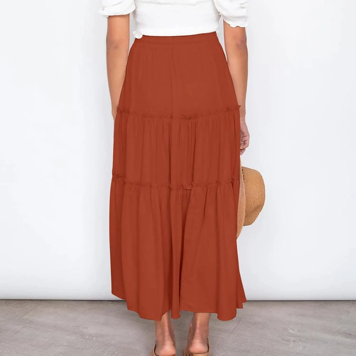 Women's Boho Long Skirts Summer Elastic High Waist A-Line Pleated Flowy Ruffle Hem Swing Beach Holiday Maxi Skirt