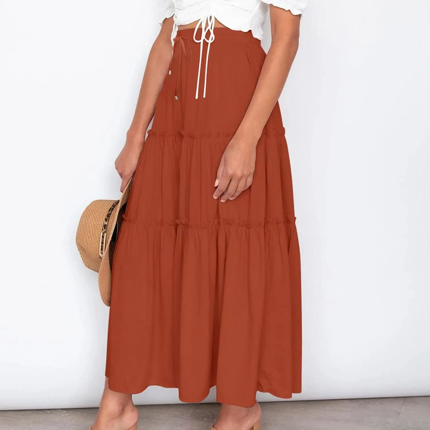 Women's Boho Long Skirts Summer Elastic High Waist A-Line Pleated Flowy Ruffle Hem Swing Beach Holiday Maxi Skirt