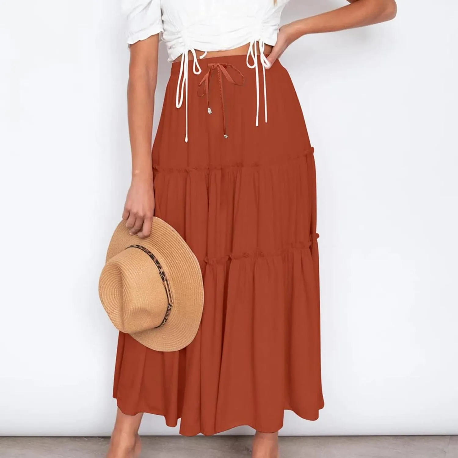 Women's Boho Long Skirts Summer Elastic High Waist A-Line Pleated Flowy Ruffle Hem Swing Beach Holiday Maxi Skirt