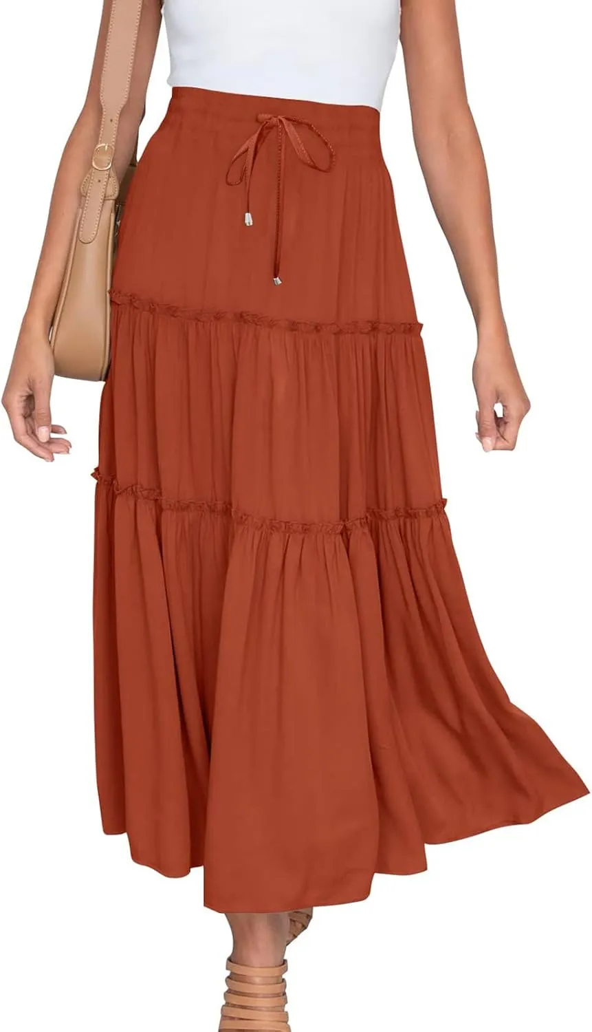 Women's Boho Long Skirts Summer Elastic High Waist A-Line Pleated Flowy Ruffle Hem Swing Beach Holiday Maxi Skirt
