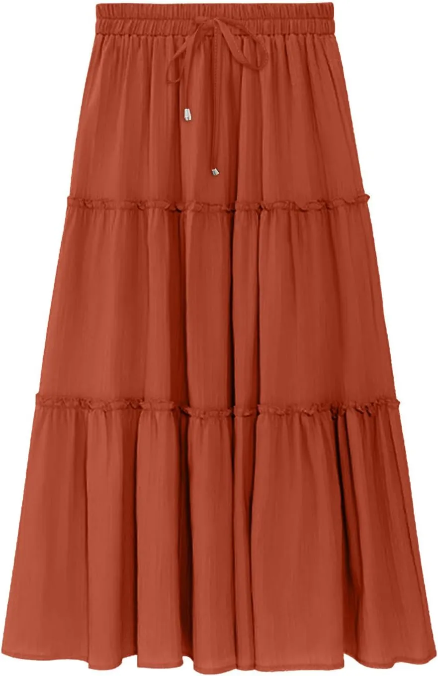 Women's Boho Long Skirts Summer Elastic High Waist A-Line Pleated Flowy Ruffle Hem Swing Beach Holiday Maxi Skirt