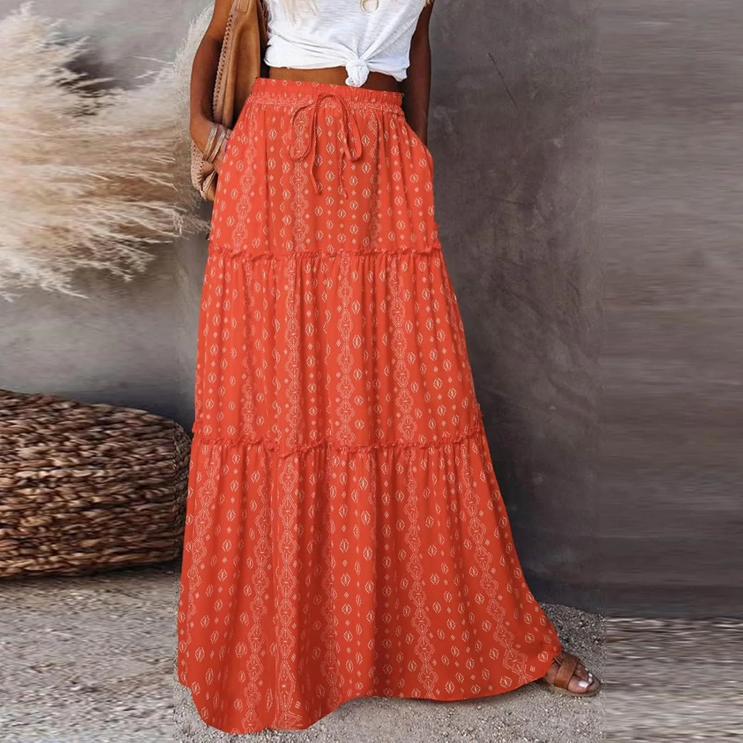 Womens Boho Maxi Skirts Summer Floral Print Elastic High Waisted Skorts Casual Flowy Tiered Ruffle Hem Long Skirts