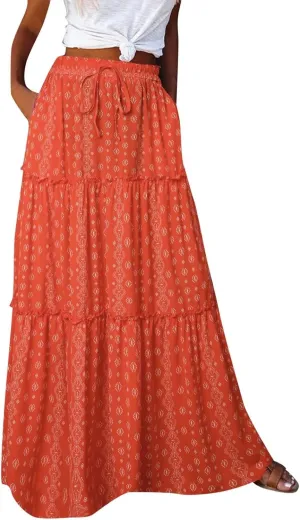 Womens Boho Maxi Skirts Summer Floral Print Elastic High Waisted Skorts Casual Flowy Tiered Ruffle Hem Long Skirts